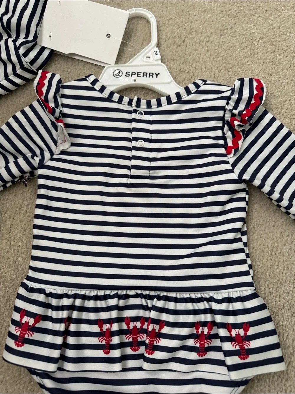 Sperry Navy & White Striped Long-Sleeve One-Piece Swim Set with Red Trim